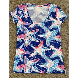 Lilly Pulitzer Dori T-Shirt Indigo Star Struck Print Blue Pink‎ Size XS